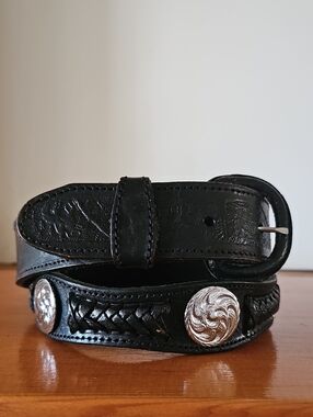 Men's Black Leather Belt with Silver Conchos